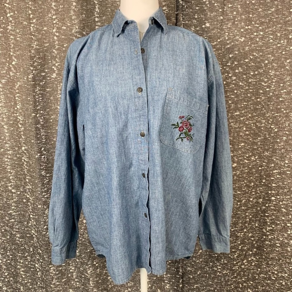Vintage American Eagle Floral Embroidered Denim Button‎ Up Women's Large